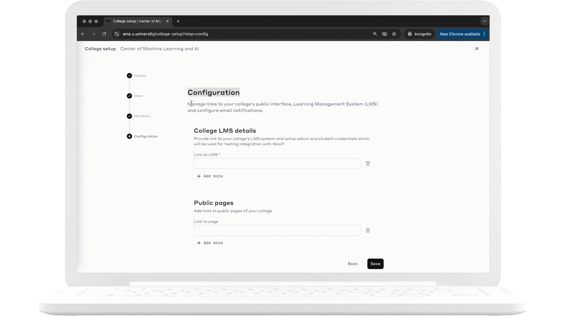 College configuration fields